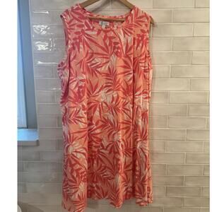 D&Co Sleeveless A-Line Dress 3XP Coral Tropical Leaf Print